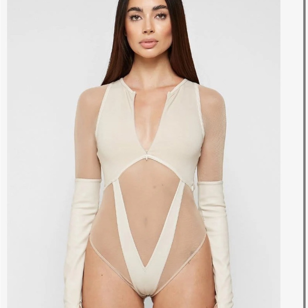 Maniere De Voir Cream Mesh Bodysuit